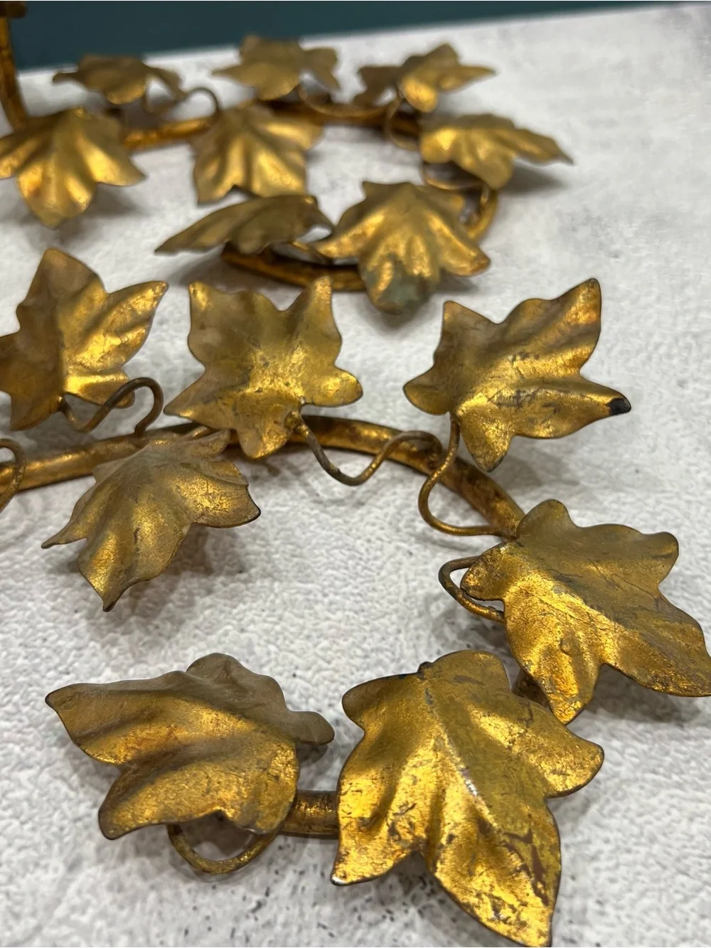 Vintage MCM Italian Gilt Metal Tole Candle Holder Set Ivy Leaf Hollywood Regency